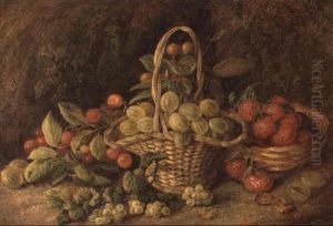 A Basket Of Gooseberries And A Basket Of Mixed Fruit On A Mossy Bank