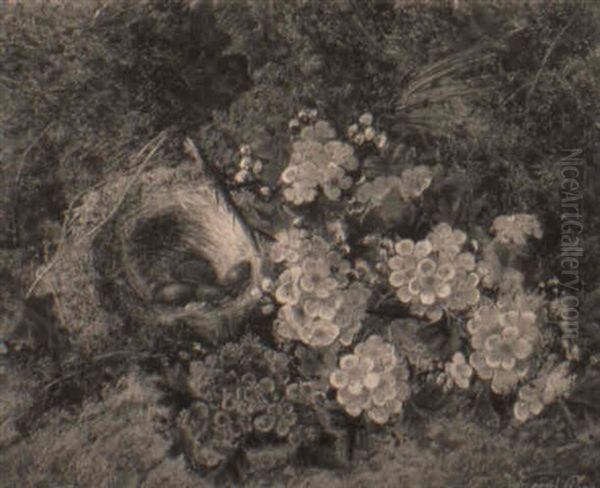 White Primula, Red Primula And A Basket Of Eggs On A Mossy Bank - view 1