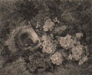 White Primula, Red Primula And A Basket Of Eggs On A Mossy Bank