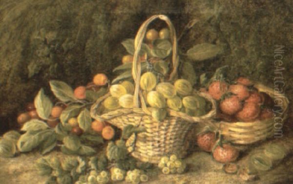 Strawberries And Gooseberries With Cherries In Baskets On A Bank - view 1
