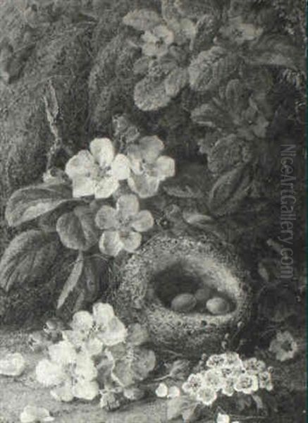 Still Life Of Flowers In A Basket And Birds Nest On A Mossy Bank - view 1