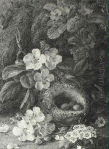 Still Life Of Flowers In A Basket And Birds Nest On A Mossy Bank Still Life Of Flowers In A Basket And Birds Nest On A Mossy Bank
