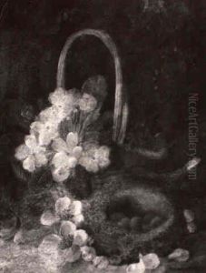 Basket Of Flowers And A Bird's Nest On The Forest Floor by Vincent Clare