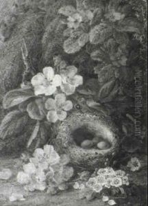 Still Life Of Flowers In A Basket And A Birds Nest On A Mossy Bank Still Life Of Flowers In A Basket And A Birds Nest On A Mossy Bank