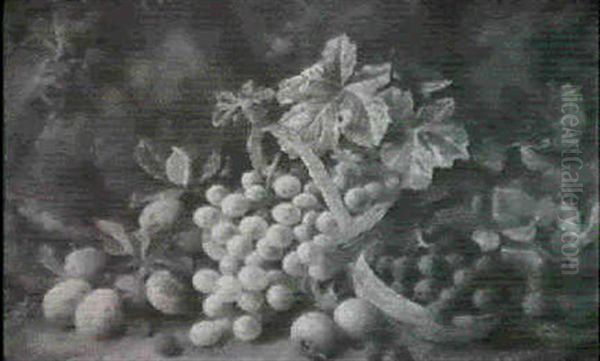 Plums, Apples, Raspberries, And Grapes In A Basket On A     Mossy Bank - view 1