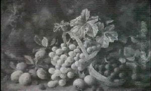 Plums, Apples, Raspberries, And Grapes In A Basket On A Mossy Bank Plums, Apples, Raspberries, And Grapes In A Basket On A Mossy Bank