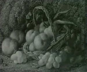 Still Life Of A Basket Of Peaches, Grapes And Plums by Vincent Clare