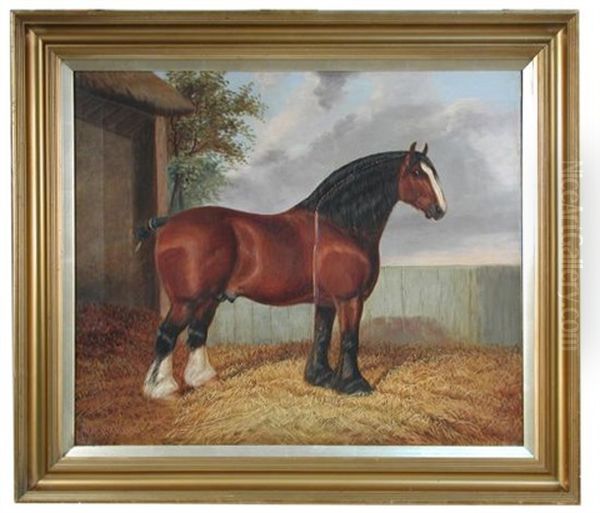 Study Of A Bay Shire In A Farmyard; And Study Of A Dark Bay Shire Horse In A Farmyard - view 1