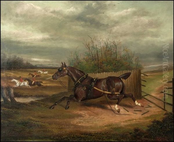 The Runaway, A Work Horse Breaking Through A Gate To Follow The Hunt, In A Landscape - view 1