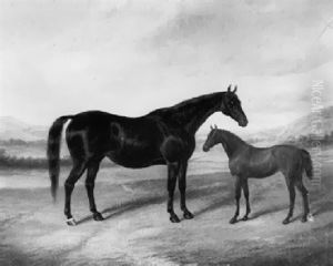 Dark Bay Mare With A Foal In A Landscape by Albert Clark