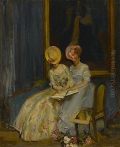 Two Women Admiring A Portfolio by Alson Skinner Clark