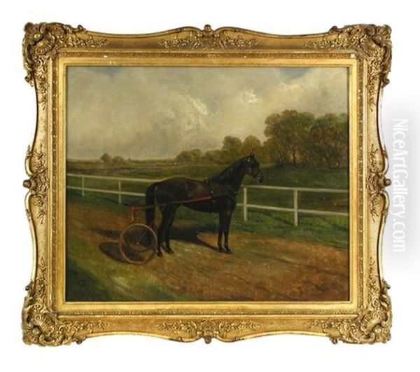 A Dark Bay Trotting Pony And Cart In A Landscape - view 1