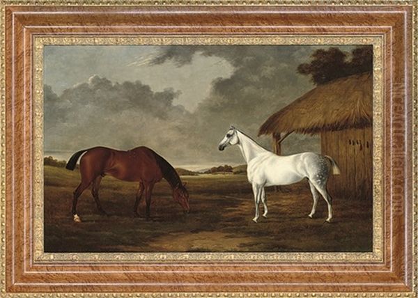 A Bay And A Grey Horse Grazing Beside A Stable - view 1