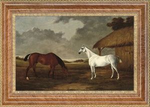 A Bay And A Grey Horse Grazing Beside A Stable by Frederick Albert Clark