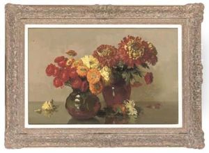 Ranunculus, Marigolds And Chrysanthemums In Two Red Glazed Vases