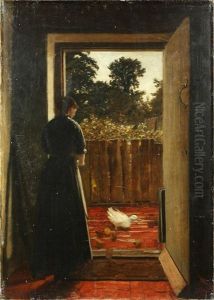 Maid Feeding Duck And Ducklings At A Cottage Door by Joseph Clark