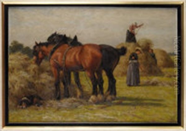 A Team Of Horses And Farm Workers In A Hay Field - view 1