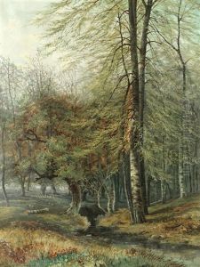 A Woodland Cottage And A Woodland Stream by Octavius Thomas Clark