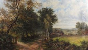 Summer Landscape With Figures And A Dog And Wooded Lane With A Figure Beside Silver Birch Trees And A Cottage (a Pair)