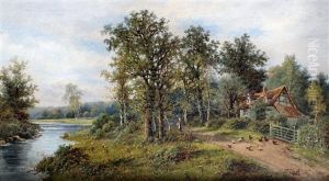 River Landscape With Cottage, Figures And Chickens To Bank