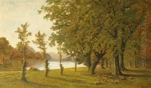 Woodland Scene, With Sheep Resting In The Shade By A River