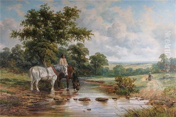 A Farmer Watering His Horses By A River - view 1