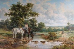 A Farmer Watering His Horses By A River