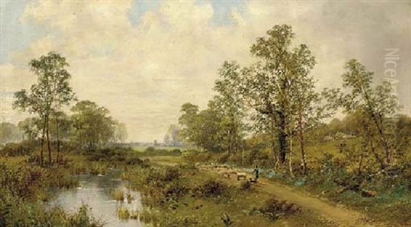 A Shepherd With His Flock By A Pond - view 1
