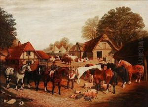A Busy Farmyard Scene With Figures, Horses, Cattle, Pigs, Ducks And Buildings by Samuel Joseph Clark