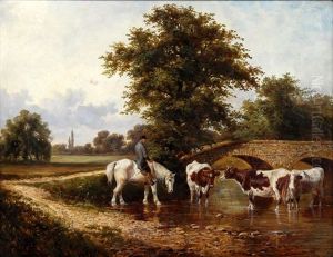 Cattle Watering With Farmer On A Horse At A Riverside by Samuel Joseph Clark