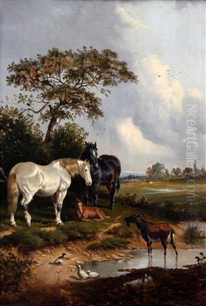 Horses And Foal, Goat And Ducks By A Pond Before A Landscape - view 1