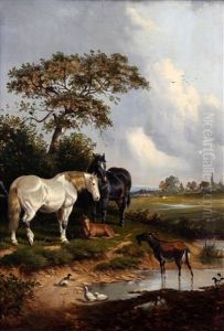 Horses And Foal, Goat And Ducks By A Pond Before A Landscape by Samuel Joseph Clark