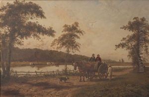 River Landscape With Figures Chatting From A Horse And Cart On A Country Road by Samuel Joseph Clark