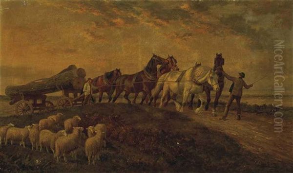 Horses Pulling Logs, Sheep Resting In The Foreground - view 1