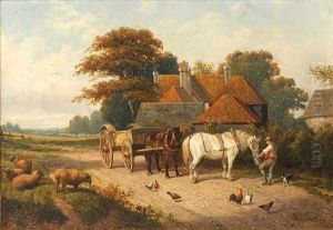 A Horse Drawn Wagon Before A Country Cottage