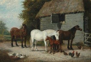 Farmyard With Horses And Ducks by Samuel Joseph Clark