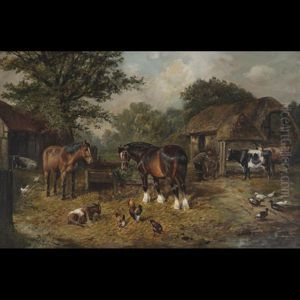 Farmyard With Horses, Cattle And Poultry by Samuel Joseph Clark