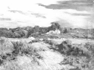 American Landscape Of Pond And Distant Buildings by Walter Clark