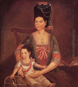 Portrait Of A Seated Woman With Fashionable Head-dress And Outfit Holding Young Child With Bird In Cage