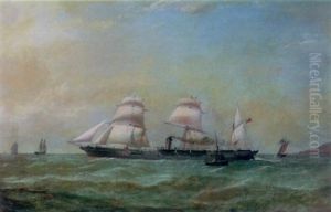 A Three Masted Steamer Off The Coast