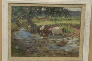 Cattle In A Stream, A Meadow Beyond by William Hannah Clarke