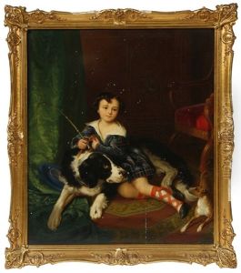 Young Boy Wearing Blue Tartan In An Interior With Two Dogs by Alexander Clarot