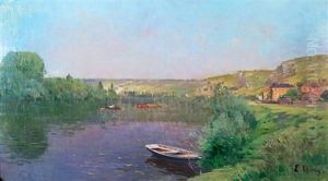 Barque Et Peniches Sur La Seine Pres Des Andelys