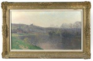 River Landscape With Castle And Church by Jean Eugene Clary