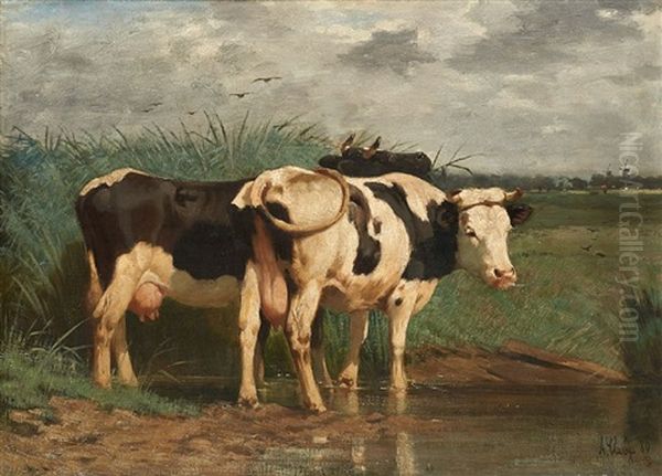 Deux Vaches Sur Fond De Moulin - view 1