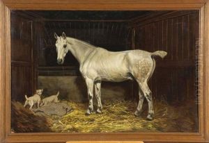 Cheval Blanc Et Deux Chiens A L'ecurie Cheval Blanc Et Deux Chiens A L'ecurie