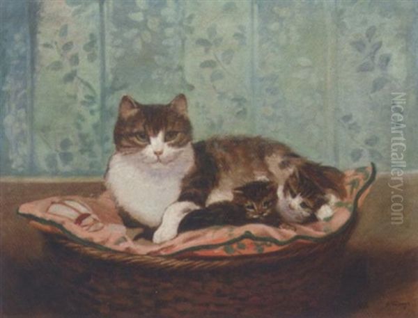 A Cat And Her Kittens At Ease In A Basket - view 1