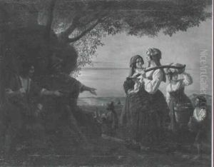 Junge Frauen Im Gesprach Mit Zwei Bettlern Vor Sudlicher    Landschaft