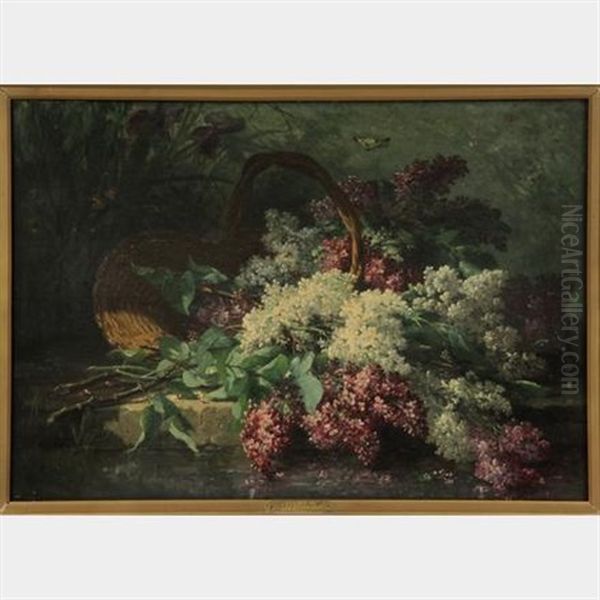 Still Life Of Basket With Lilacs On Stone Wall - view 1