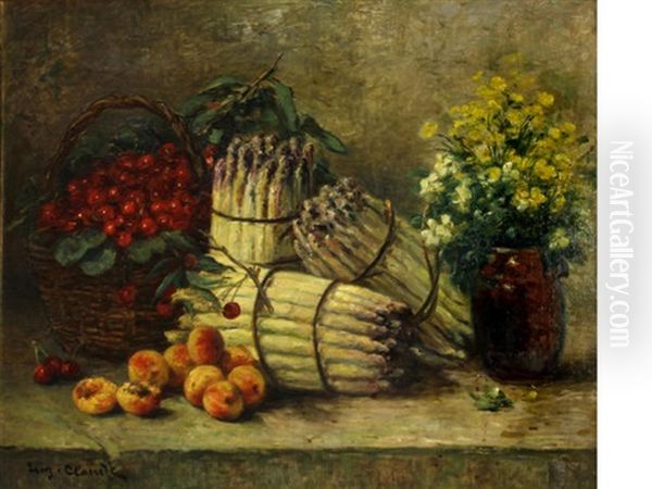 A Still Life With Asparagus, Cherries, Peaches And Flowers by Eugene Claude